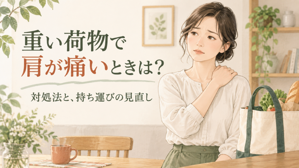 重い荷物で肩が痛いときは？ 対処法と、持ち運びの見直し。バッグを置いて肩に手を添える女性のイラスト