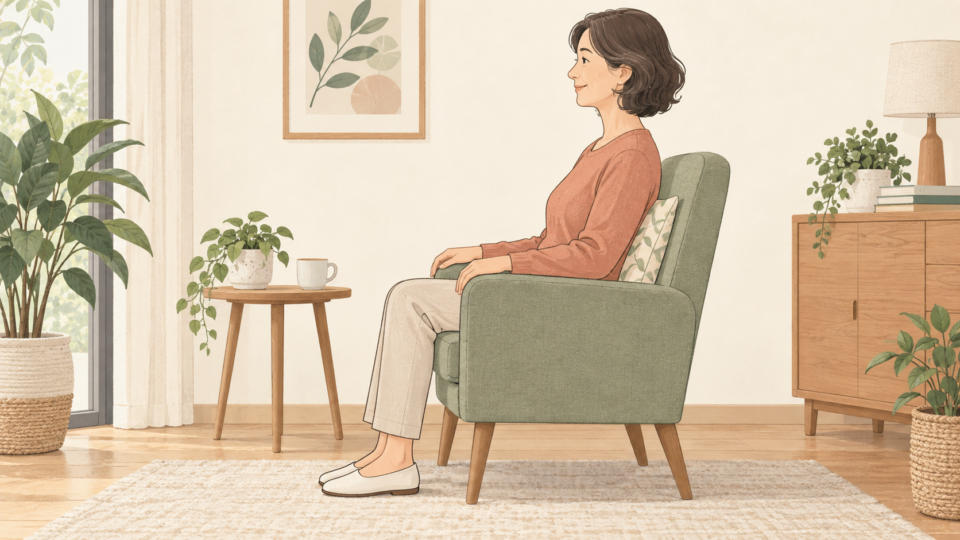 足裏を床につけ、背もたれのある椅子に座る女性の横向きイラスト