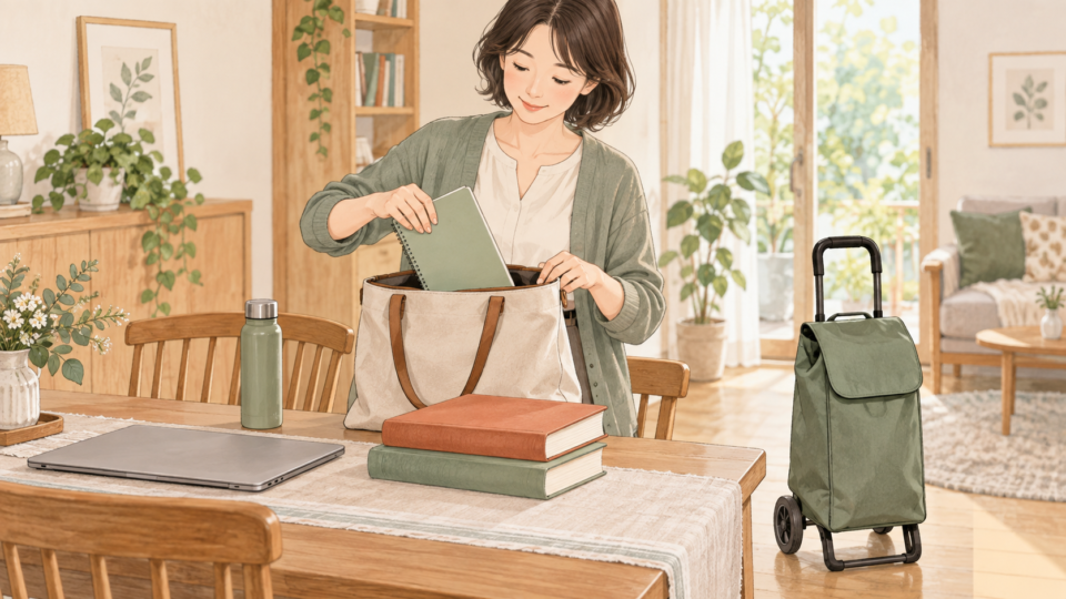 テーブルでバッグの中身を整理する女性と、そばに置いたキャスター付きの買い物カートのイラスト