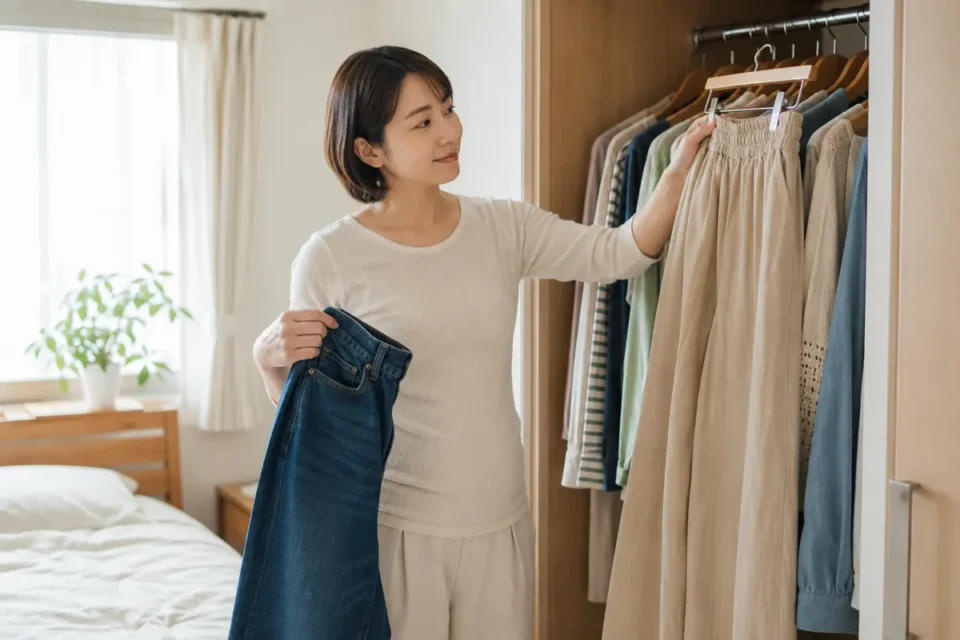 産後の身体に合わせて伸縮性のあるズボンを選ぶ女性