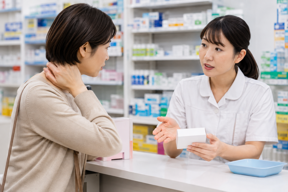 薬について女性薬剤師に相談する女性