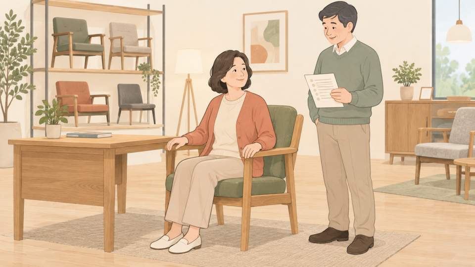 家具店で椅子に座って試す女性と、確認用のメモを持つ付き添いのイラスト