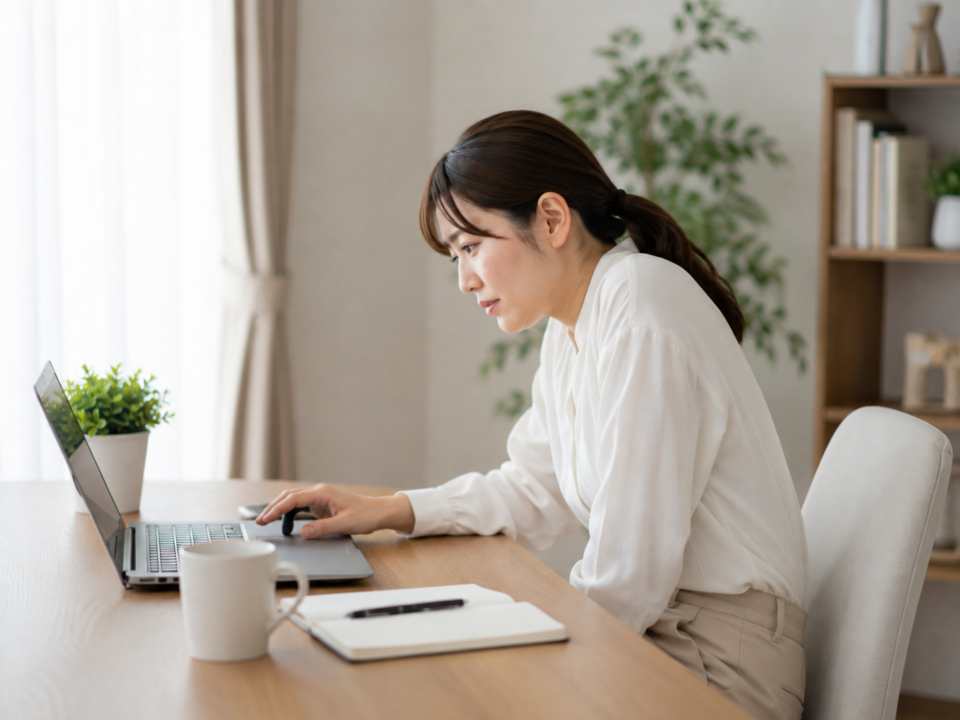 前かがみ姿勢でパソコン作業をする女性のデスクワーク姿勢
