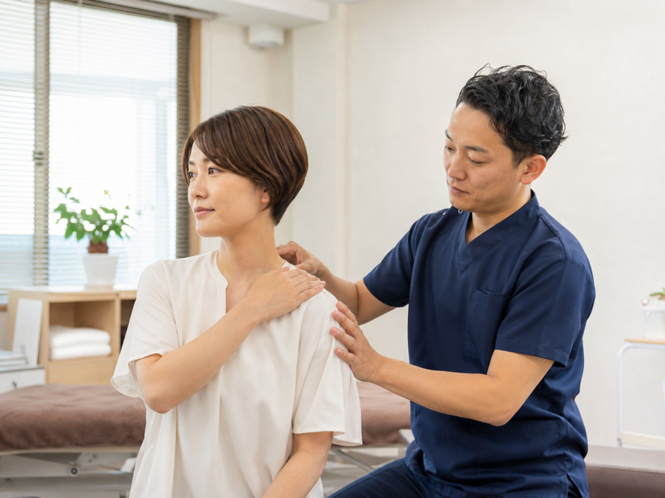 左肩こりの原因を確認する整骨院での姿勢検査