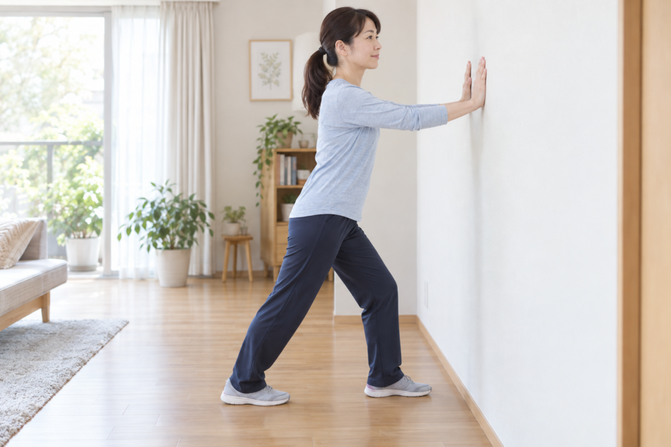 両手を壁につき、後ろ足のかかとを床につけてふくらはぎを穏やかに伸ばす女性