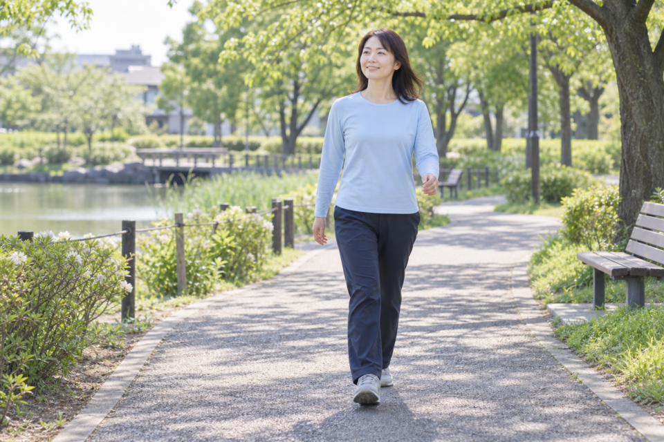 平坦な公園の道を、準備運動として無理なく歩く女性