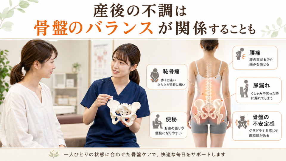 骨盤の模型を使った説明を受ける女性