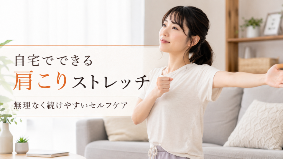 自宅で肩まわりを伸ばす女性
