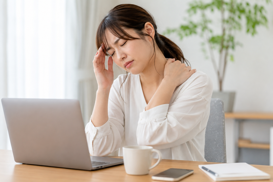 肩こりと片側の頭痛に悩むデスクワーク中の女性