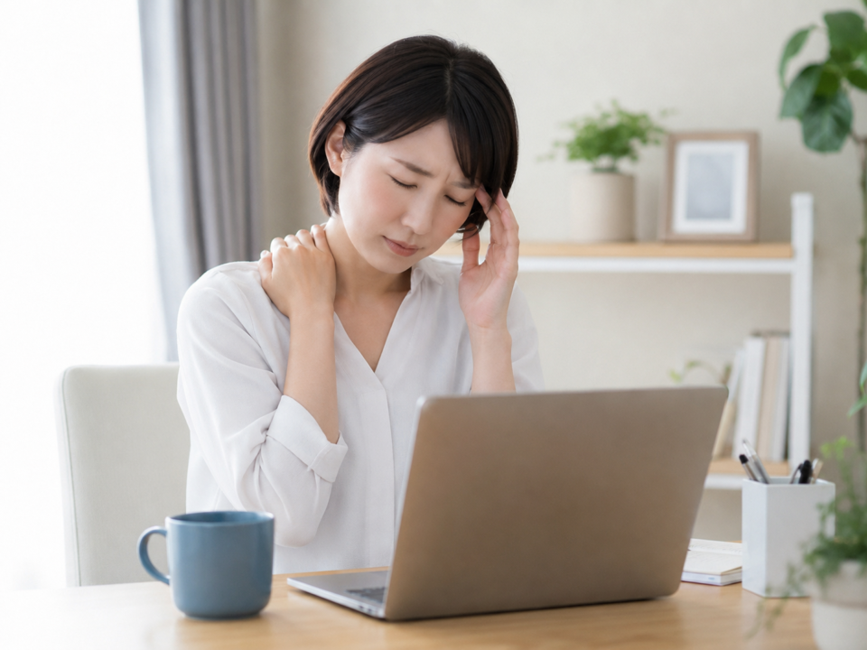 長時間のパソコン作業で肩こりと頭痛に悩む女性
