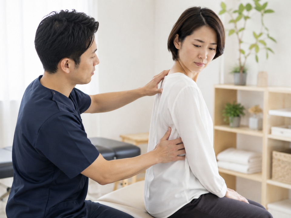 肩甲骨の内側の凝りに悩むデスクワーク中の女性
