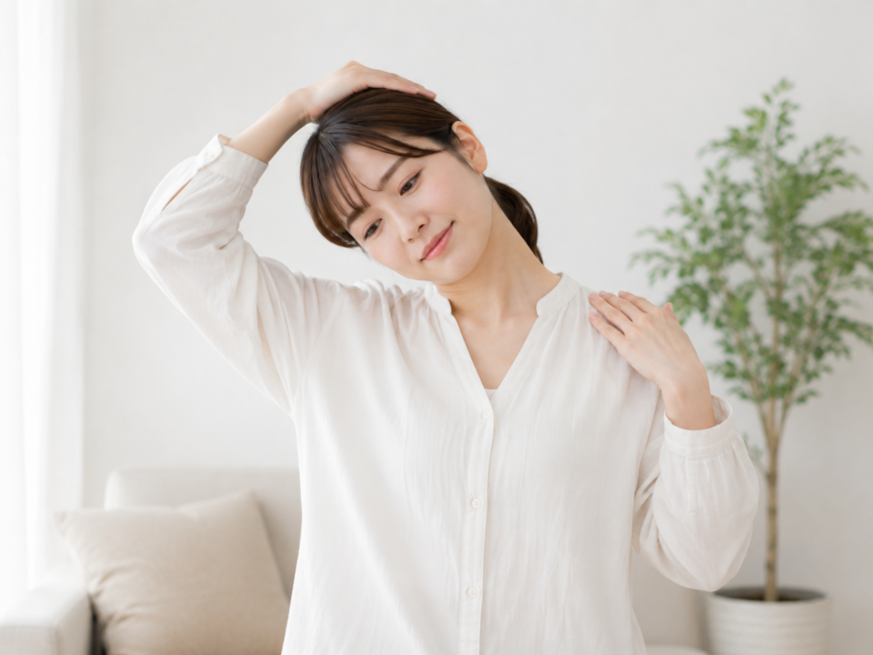 自宅でできる左首から左肩のストレッチをする女性