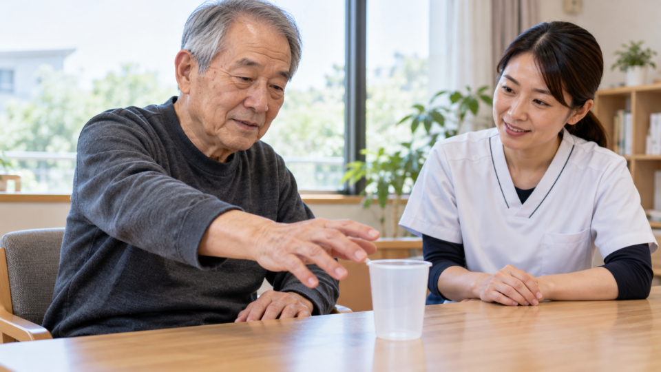 専門職の見守りのもと空のカップへ手を伸ばす男性の説明用イメージ