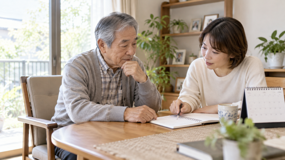 退院後の暮らしについて家族とメモを確認する男性の説明用イメージ