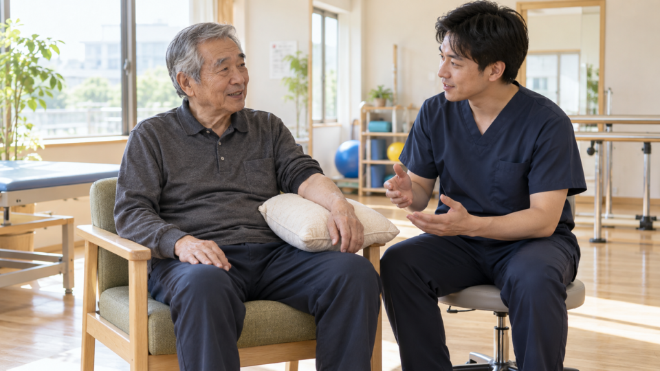 腕をクッションで支えながら専門職と相談する男性の説明用イメージ