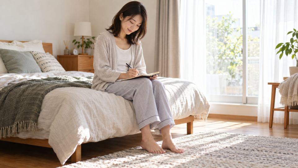 起床後に寝心地をノートへ記録する女性