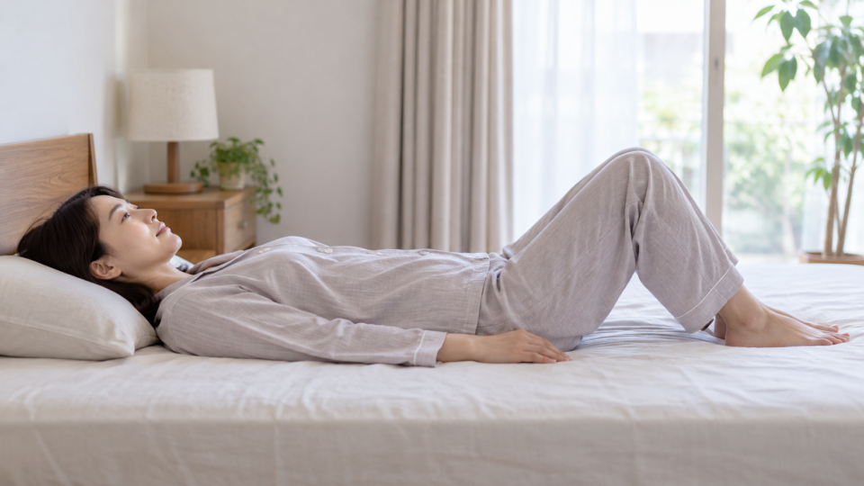 仰向けで膝を曲げ足裏を寝床につけて休む女性