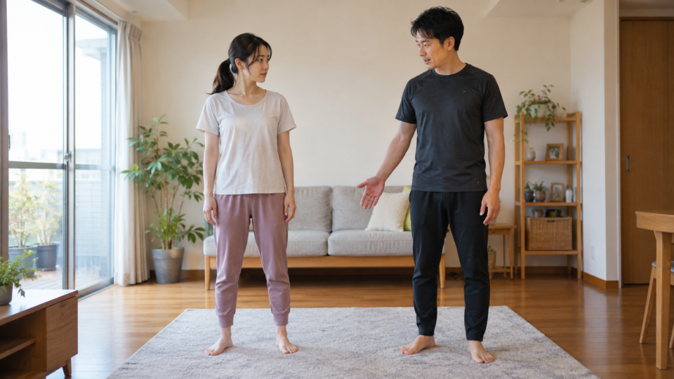 体の横と腕の位置について説明を受ける女性のイメージ