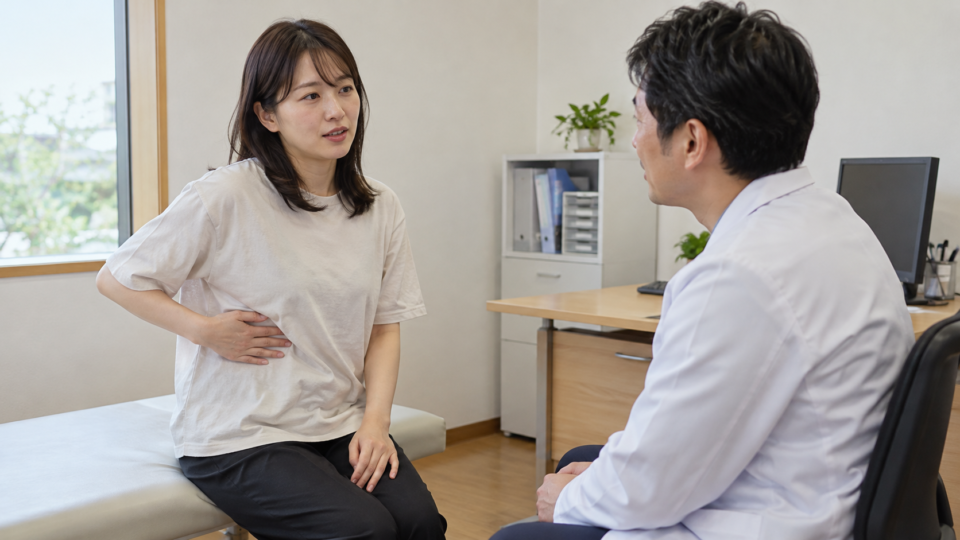 胴体の横の場所を手で示して医療者へ伝える女性のイメージ