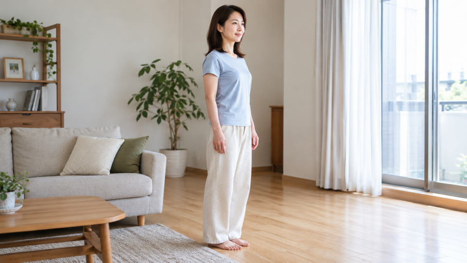 腕を自然に下ろして立つ女性を横から見た説明用イメージ