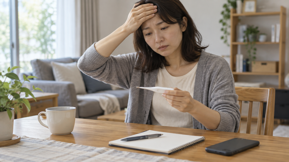体温を測って体調を確認する女性の説明用イメージ