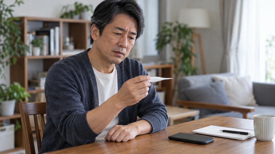 体温計を確認しながら休んでいる男性の説明用イメージ