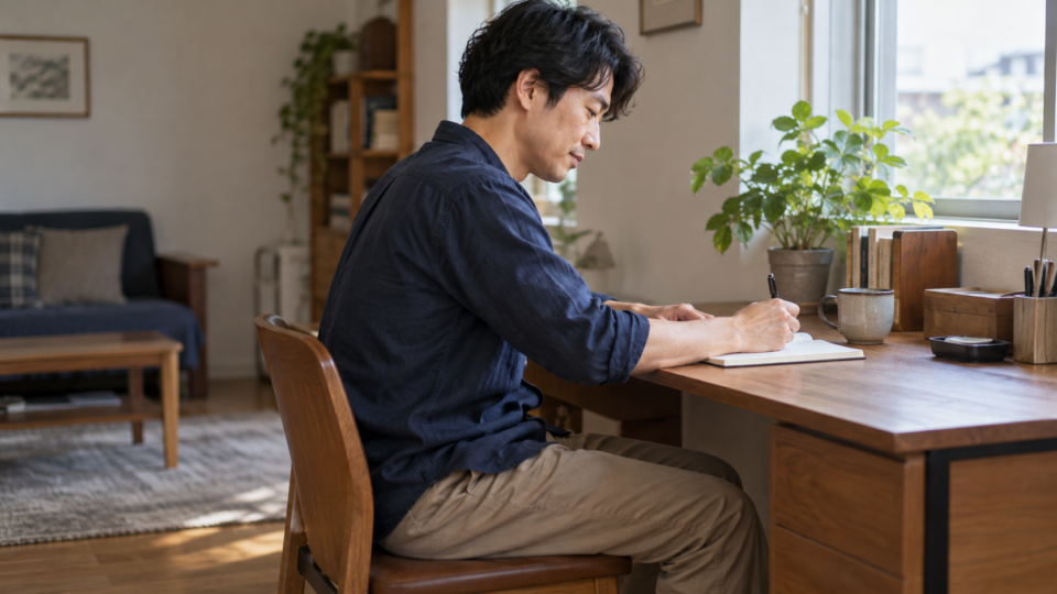 脚の症状についてノートに記録する男性の説明用イメージ