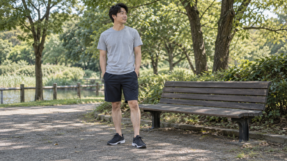 太ももから膝までが分かる服装で自然に立つ男性の説明用イメージ