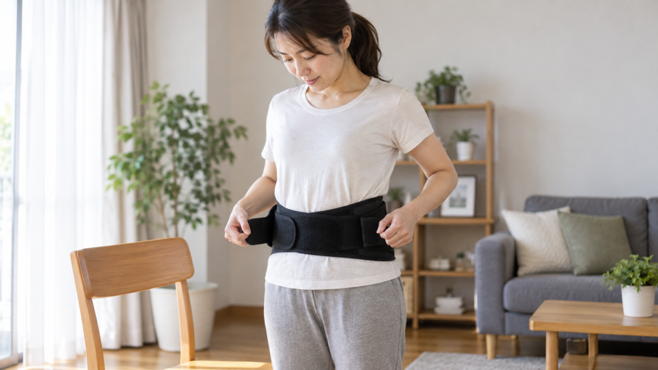 衣服の上から腰用の一般的なサポーターを装着した女性