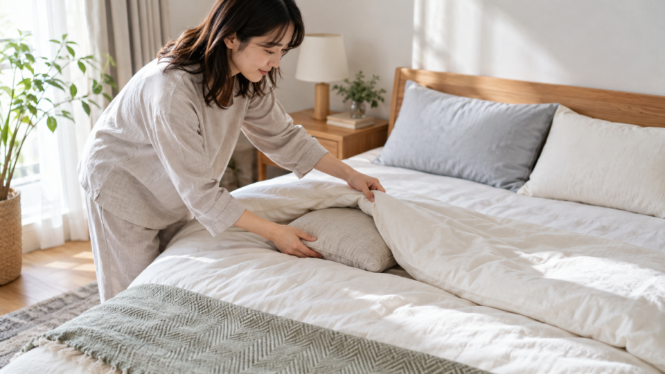 ベッドで枕や寝具を整えている女性の説明用イメージ