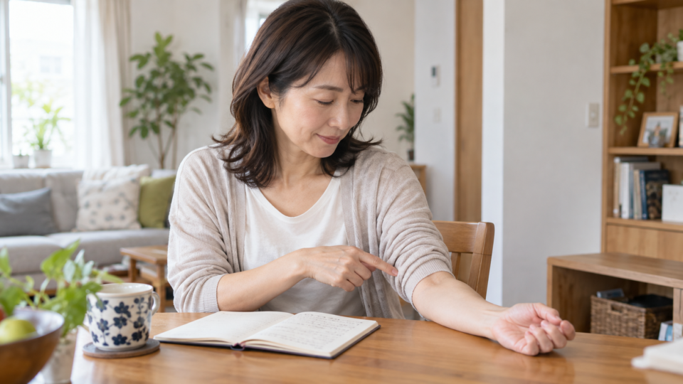 ノートを開き前腕の症状を振り返る女性