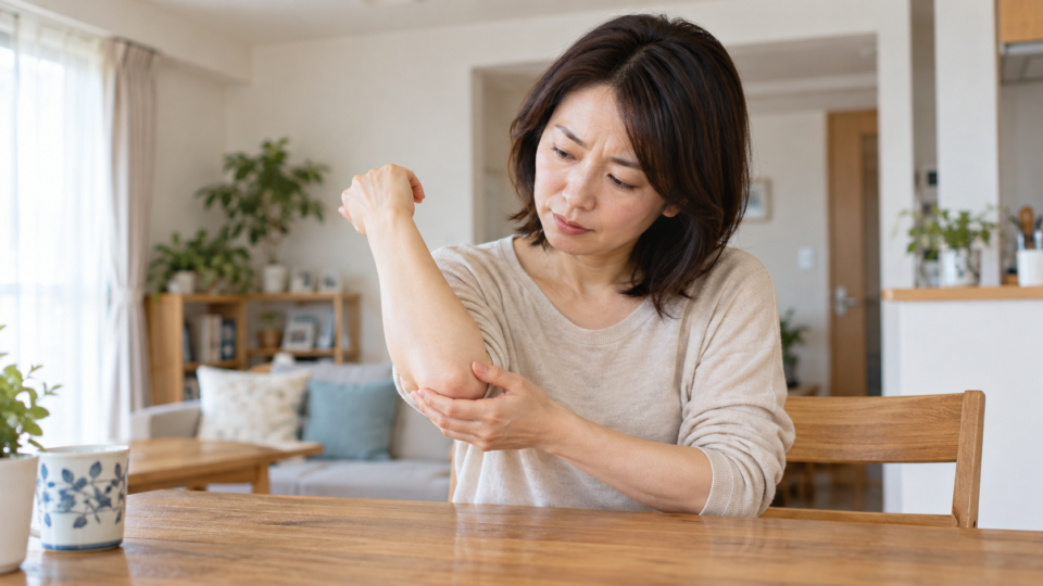 肘に手を添えて痛む場所を確認する女性