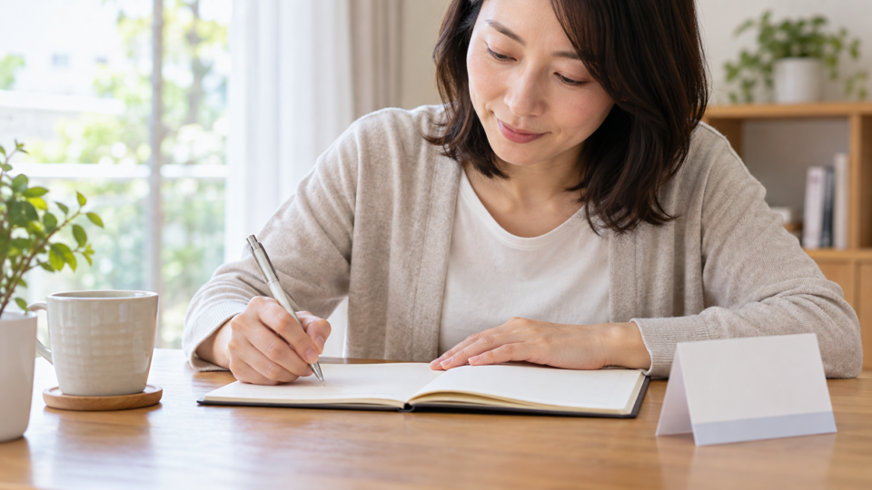 受診で伝える内容をノートに整理する女性の説明用イメージ