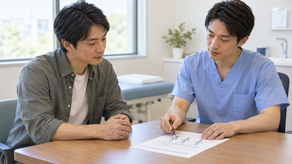 回復中の活動について説明を聞く男性の説明用イメージ
