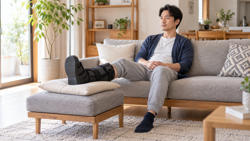 装具を着けた足をクッションで支えて休む男性の説明用イメージ