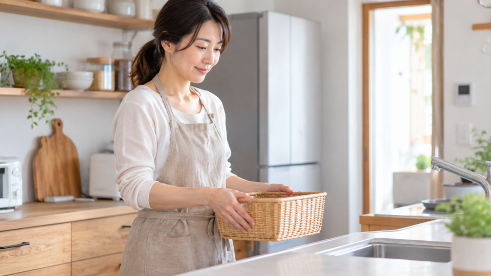 洗濯かごを体の近くで持つ女性