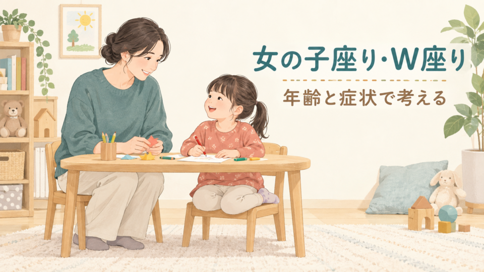 女の子座りとW座りを年齢と症状で考えるという文字と親子のイラスト