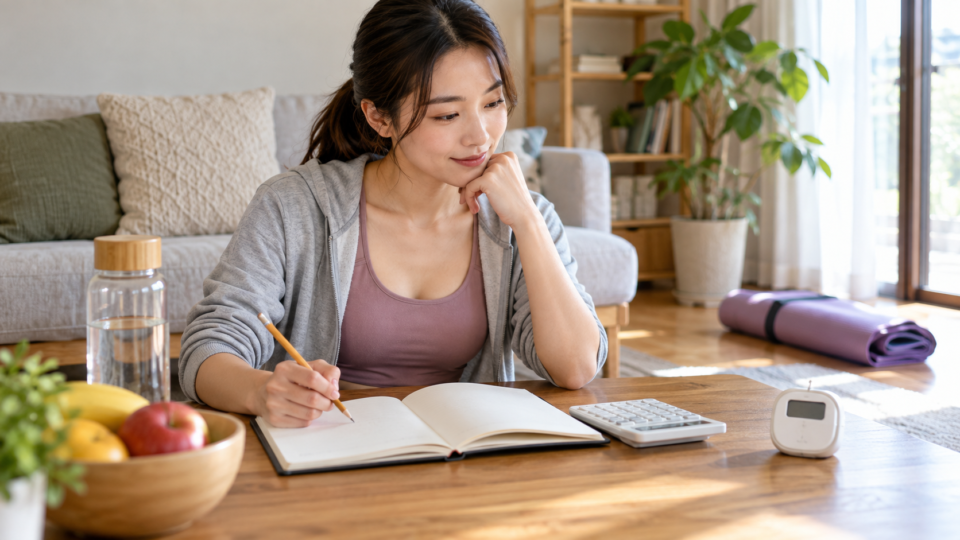 運動の記録をノートと計算機で整理する女性のイメージ