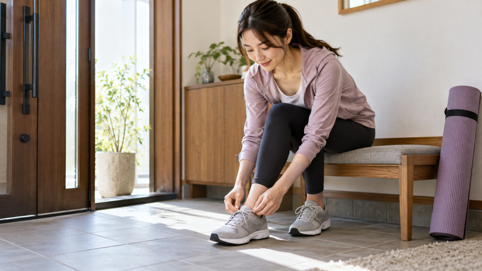 日常の活動に出かける前に靴ひもを結ぶ女性のイメージ