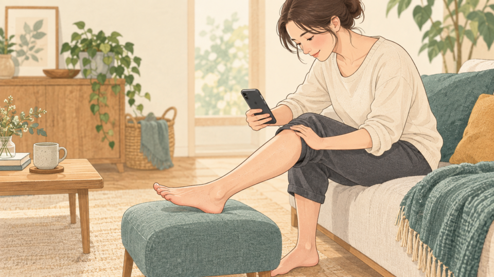 すねの見た目をスマートフォンで記録する女性