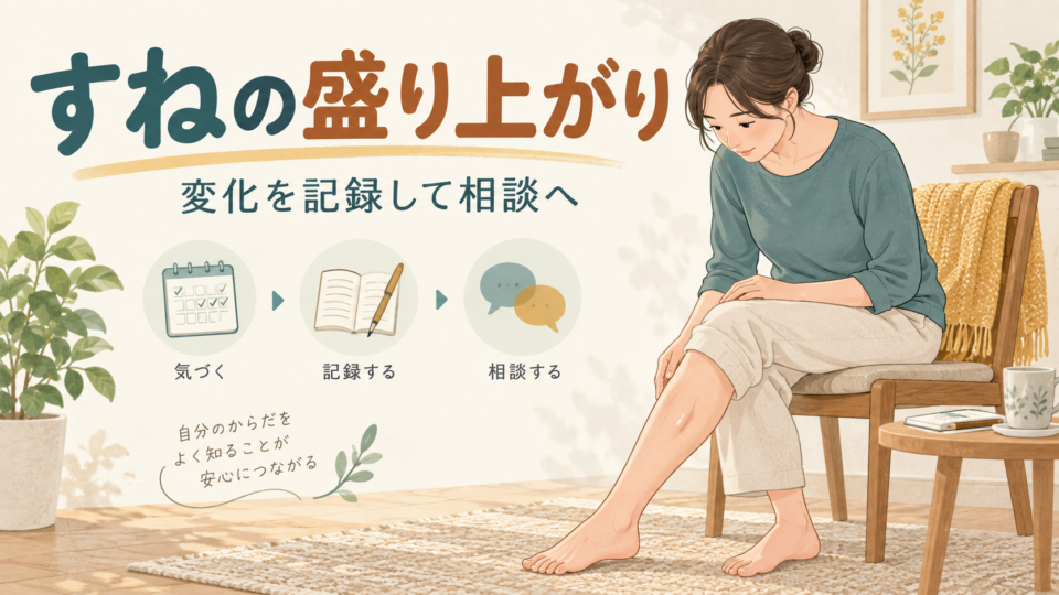 すねの筋肉の盛り上がりを観察する女性と記事タイトル