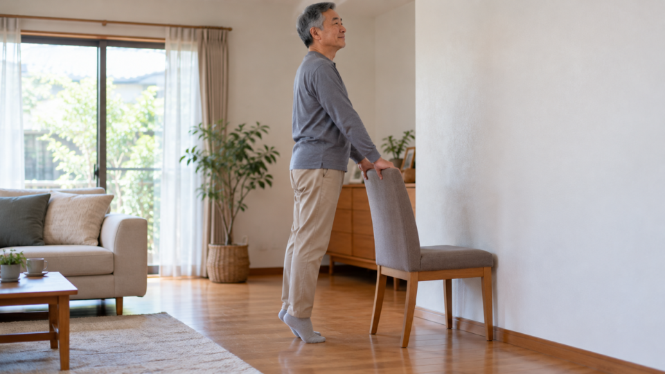 安定した椅子の背に手を添え、かかとを軽く上げる高齢男性の説明用イメージ