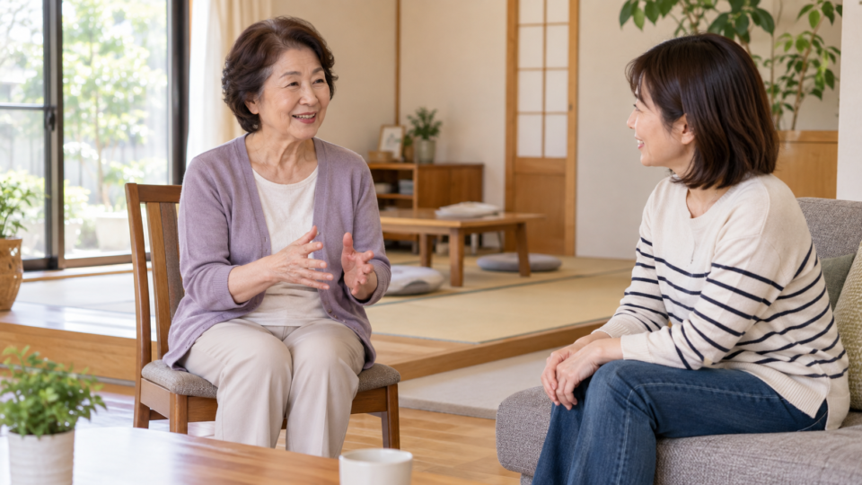 床での生活について家族と話し合う高齢女性の説明用イメージ