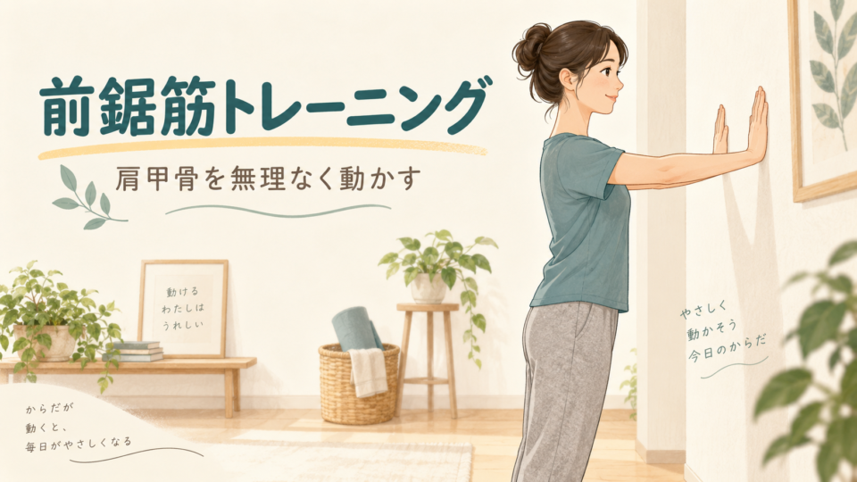 前鋸筋トレーニングの文字と壁に手を添える女性のイラスト