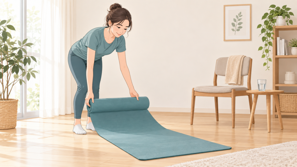 内ももの運動に向けて床にマットを敷く女性のイラスト