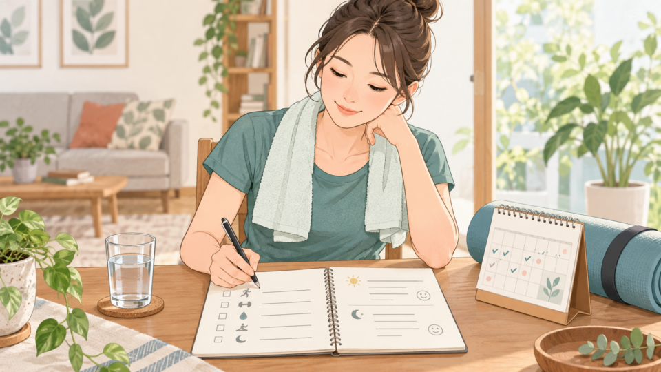 運動の回数と体の反応をノートに記録する女性のイラスト