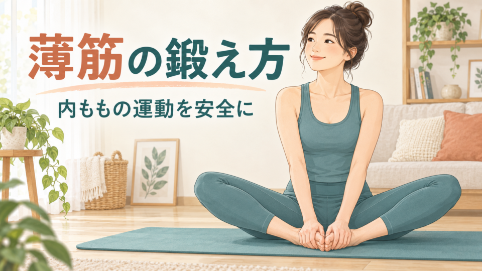 薄筋の鍛え方と内ももの運動を安全にという文字、床に座る女性のイラスト