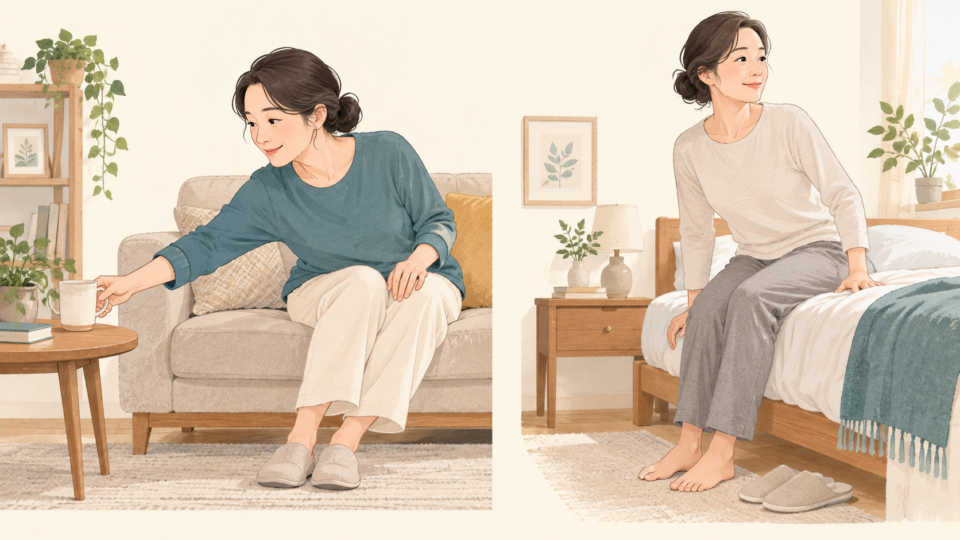 日常生活で物を持つ場面と体の向きを変える場面のイラスト