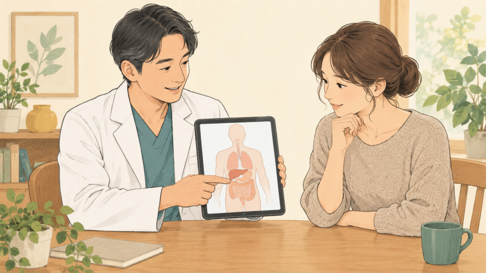 腹部の症状を医療者に相談する人のイラスト