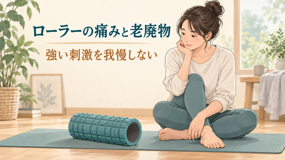 ローラーの痛みと老廃物の文字、使っていないローラーを見る女性